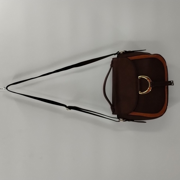 London Fog crossbody shoulder satchel handbag two tone brown flap over - Picture 2 of 14